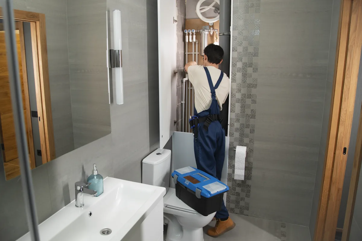 A plumber at work on a bathroom repair. Photo by bhagya laxmi on Unsplash.