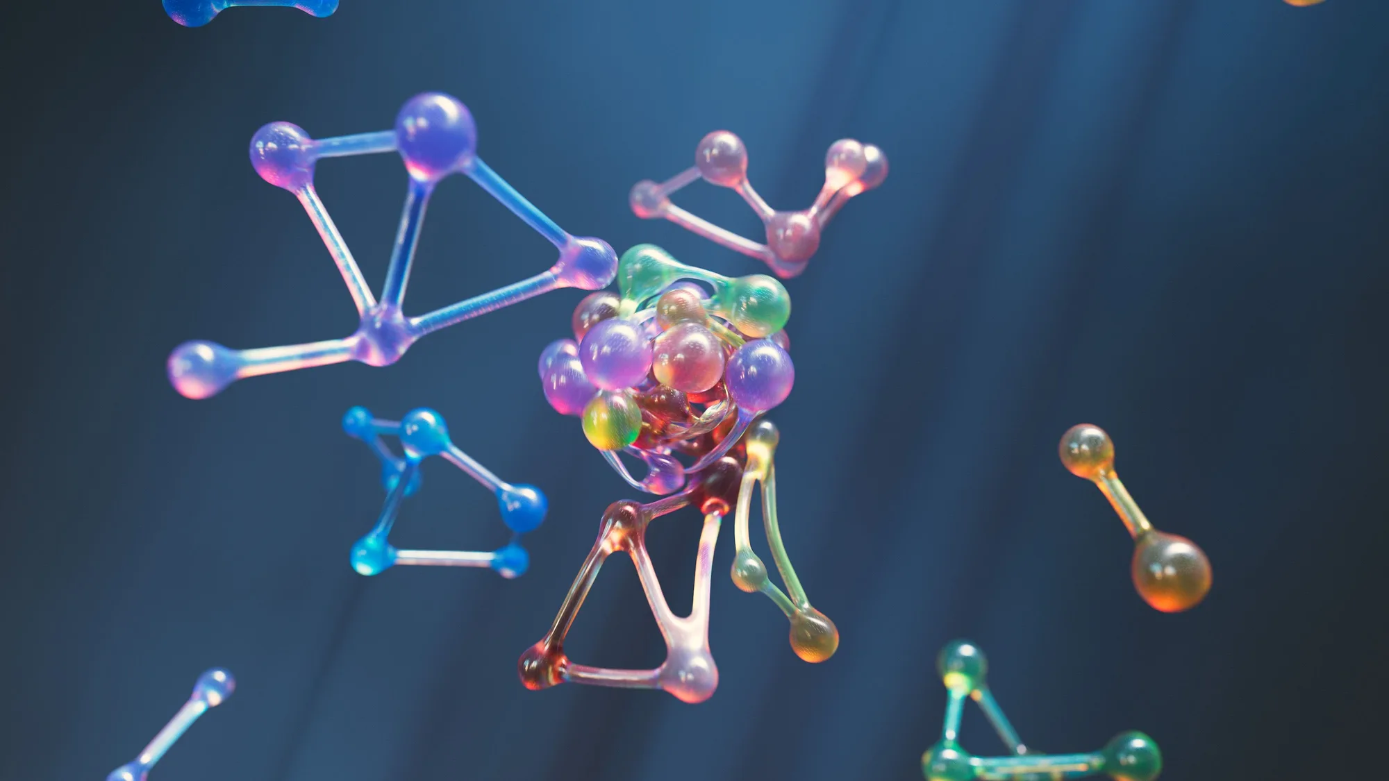 Colourful molecular structure representing polynucleotides — the cellular-level science behind Novauria Aesthetics' skin treatments.